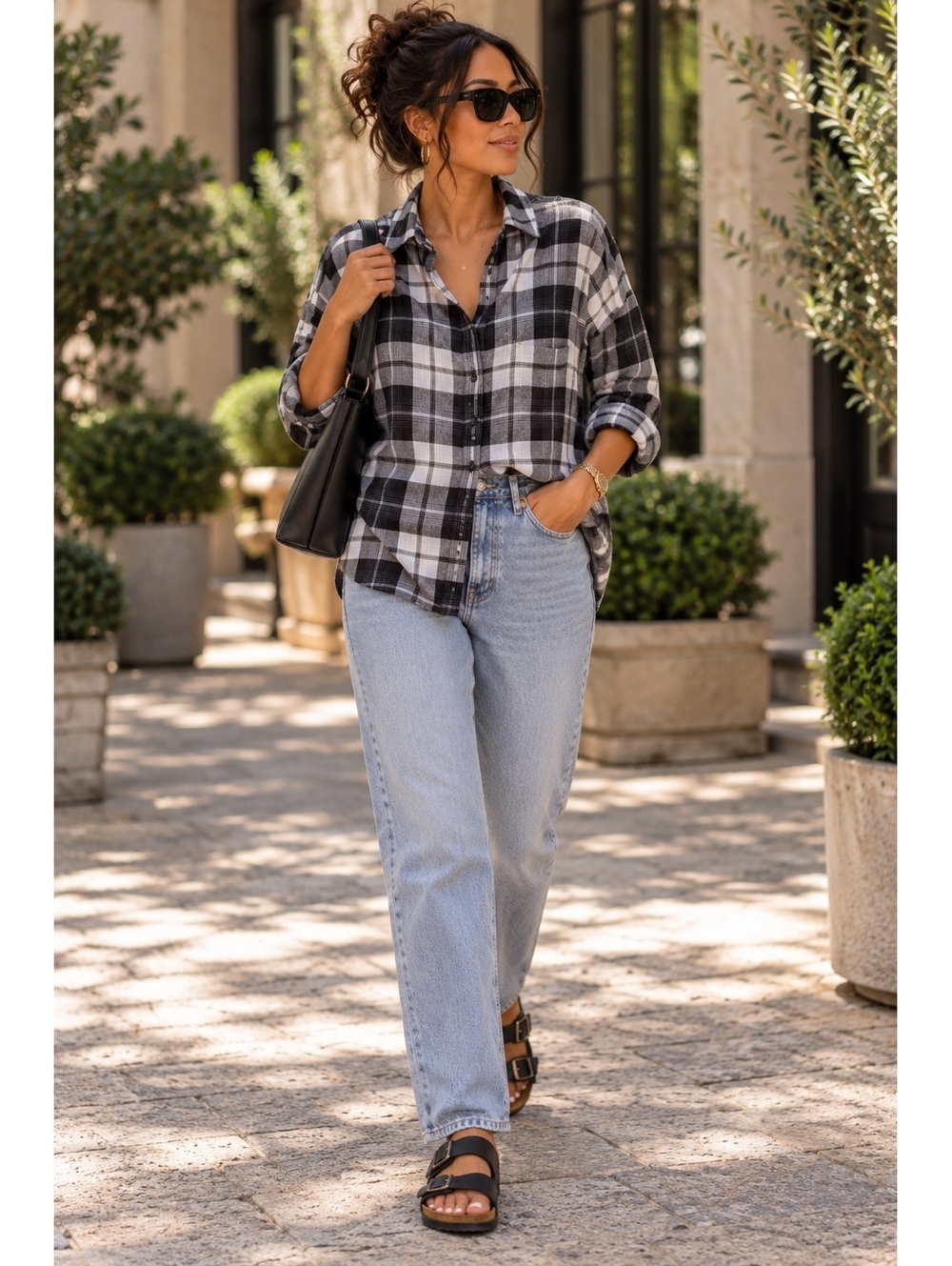American Eagle Boyfriend Fit Black and White Plaid Shirt, Size M